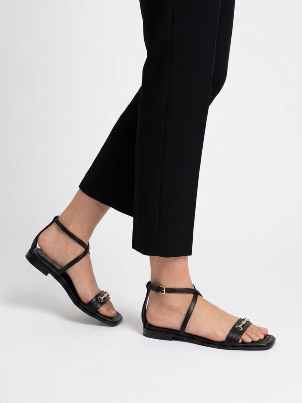 Michael Kors Black Leather Ankle-Strap Flat Sandals with Gold Accent